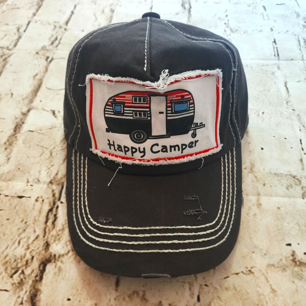 NWT Happy Camper Distressed Hat Black With Hook And Loop Adjustment